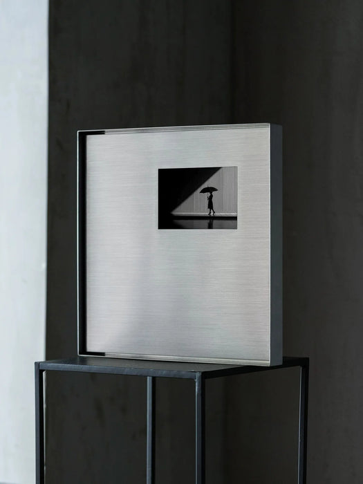 Selma modern metal wall art – 35 cm brushed stainless steel panel with a small inset image, wall-mounted