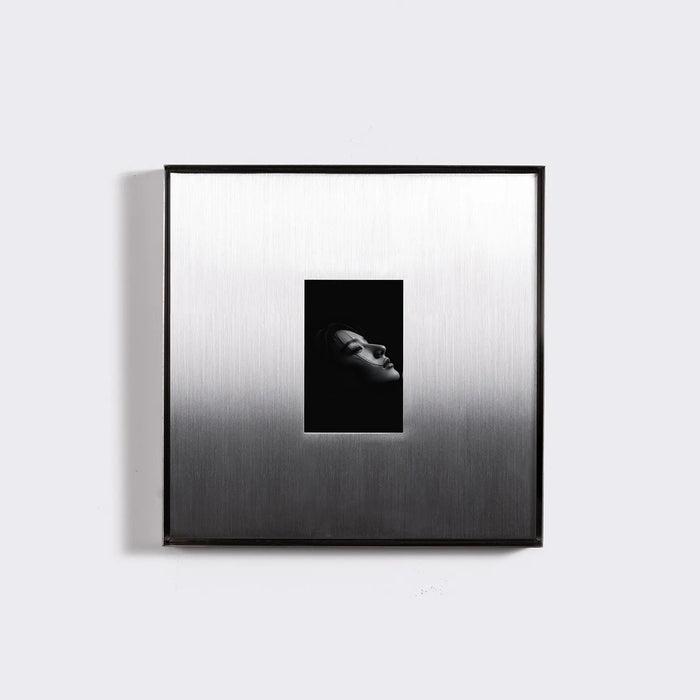 Selma metal wall art, Centred composition – window centred on the brushed steel panel