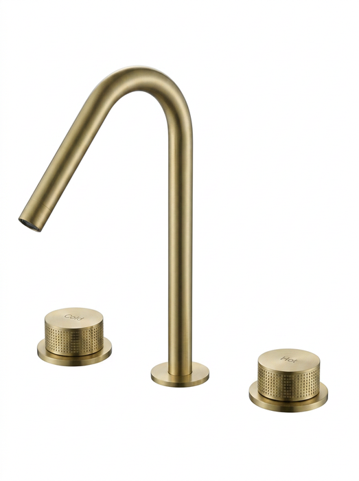Kilde brushed gold bathroom faucet – knurled hot and cold handles, detail view