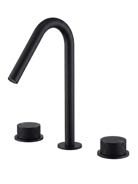 Kilde matte black bathroom faucet with knurled dual handles, studio view
