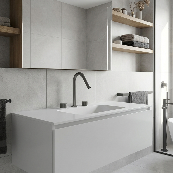 Kilde black bathroom faucet in a Scandinavian spa bathroom with grey tile vanity