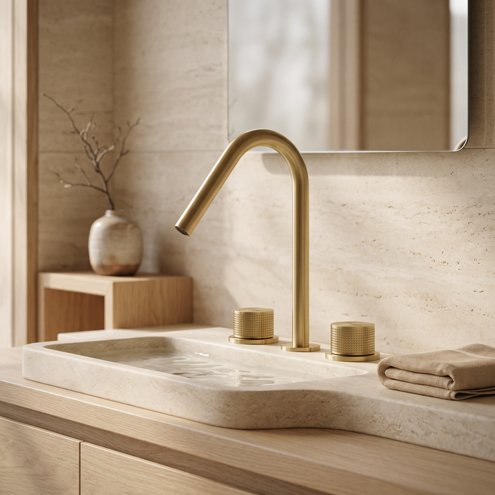 Kilde brass bathroom faucet in brushed gold on a travertine and oak bathroom counter